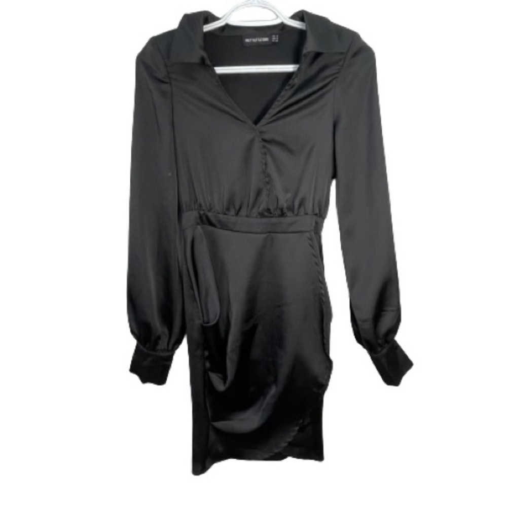Pretty Little Thing black satin dress draped skirt long sleeves size 0